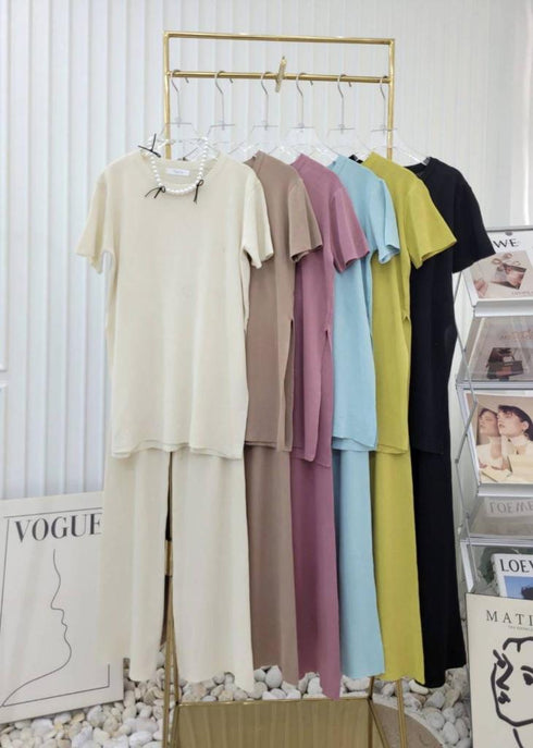 TOPPING Knitted Half Sleeves Side Slit Loose Co-Ord Sets